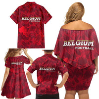 Belgium Family Matching Off Shoulder Short Dress and Hawaiian Shirt with Football Red Map Crest Rose Spirit