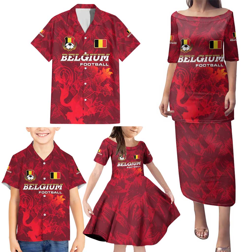 Belgium Family Matching Puletasi and Hawaiian Shirt with Football Red Map Crest Rose Spirit