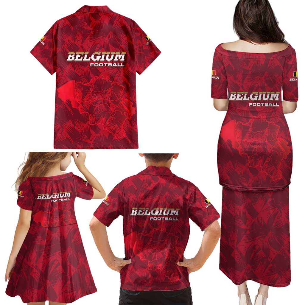 Belgium Family Matching Puletasi and Hawaiian Shirt with Football Red Map Crest Rose Spirit