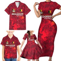 Belgium Family Matching Short Sleeve Bodycon Dress and Hawaiian Shirt with Football Red Map Crest Rose Spirit