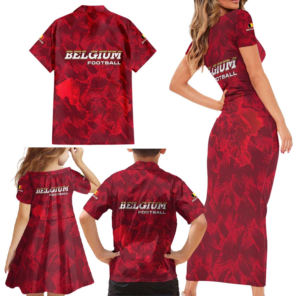Belgium Family Matching Short Sleeve Bodycon Dress and Hawaiian Shirt with Football Red Map Crest Rose Spirit
