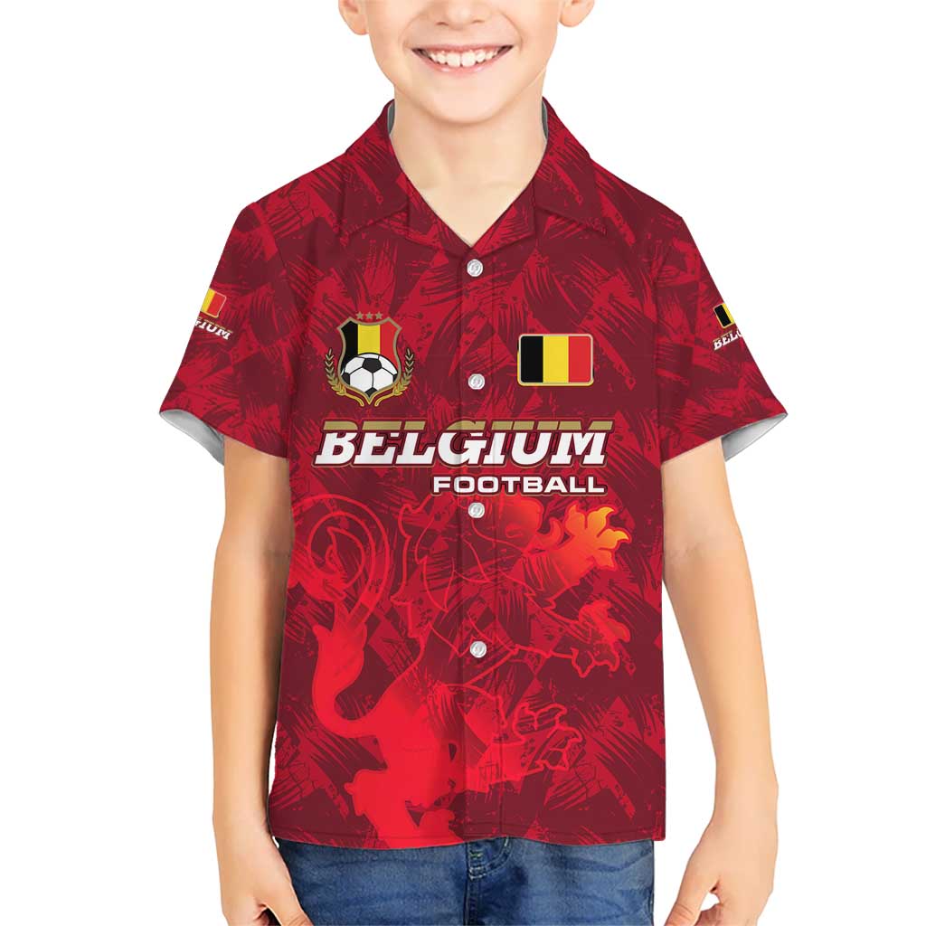 Belgium Kid Hawaiian Shirt with Football Red Map Crest Rose Spirit