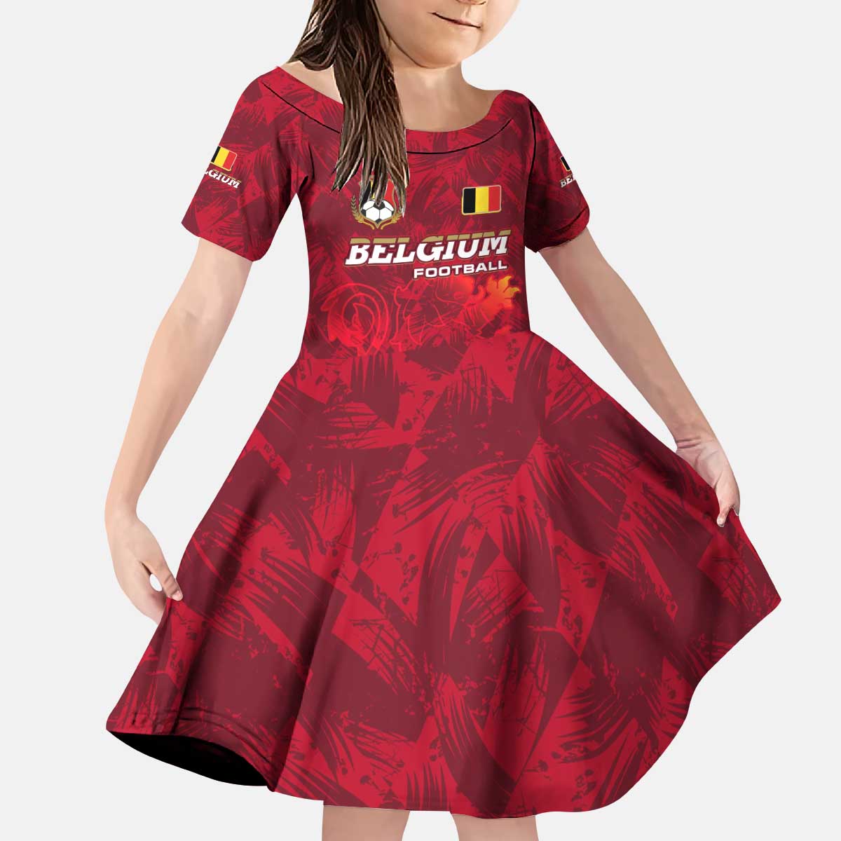 Belgium Kid Short Sleeve Dress with Football Red Map Crest Rose Spirit