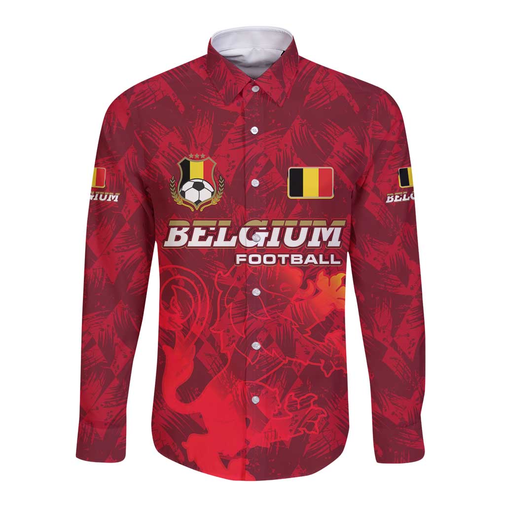 Belgium Long Sleeve Button Shirt with Football Red Map Crest Rose Spirit