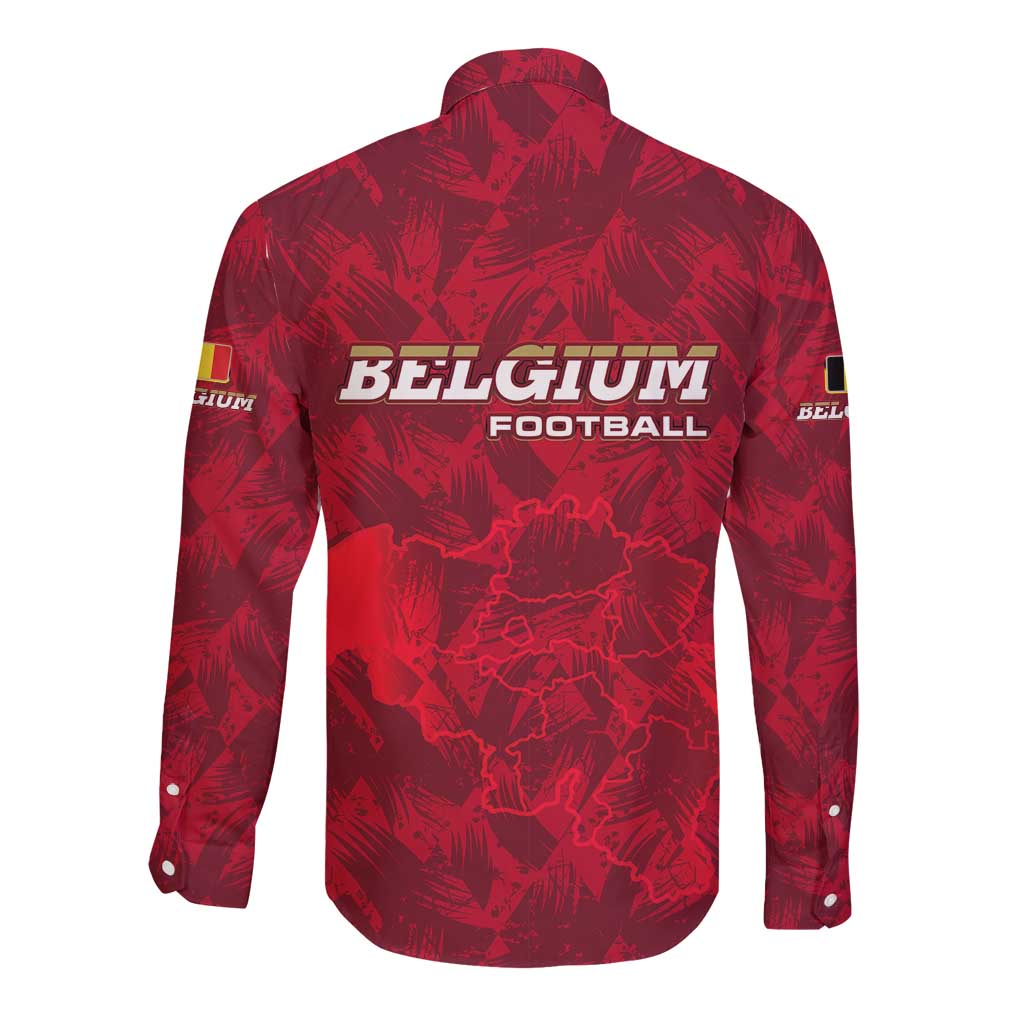 Belgium Long Sleeve Button Shirt with Football Red Map Crest Rose Spirit