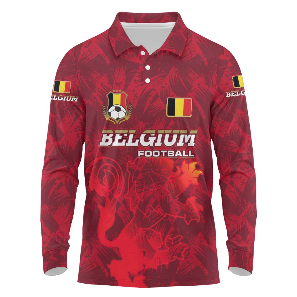 Belgium Long Sleeve Polo Shirt with Football Red Map Crest Rose Spirit