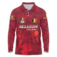 Belgium Long Sleeve Polo Shirt with Football Red Map Crest Rose Spirit