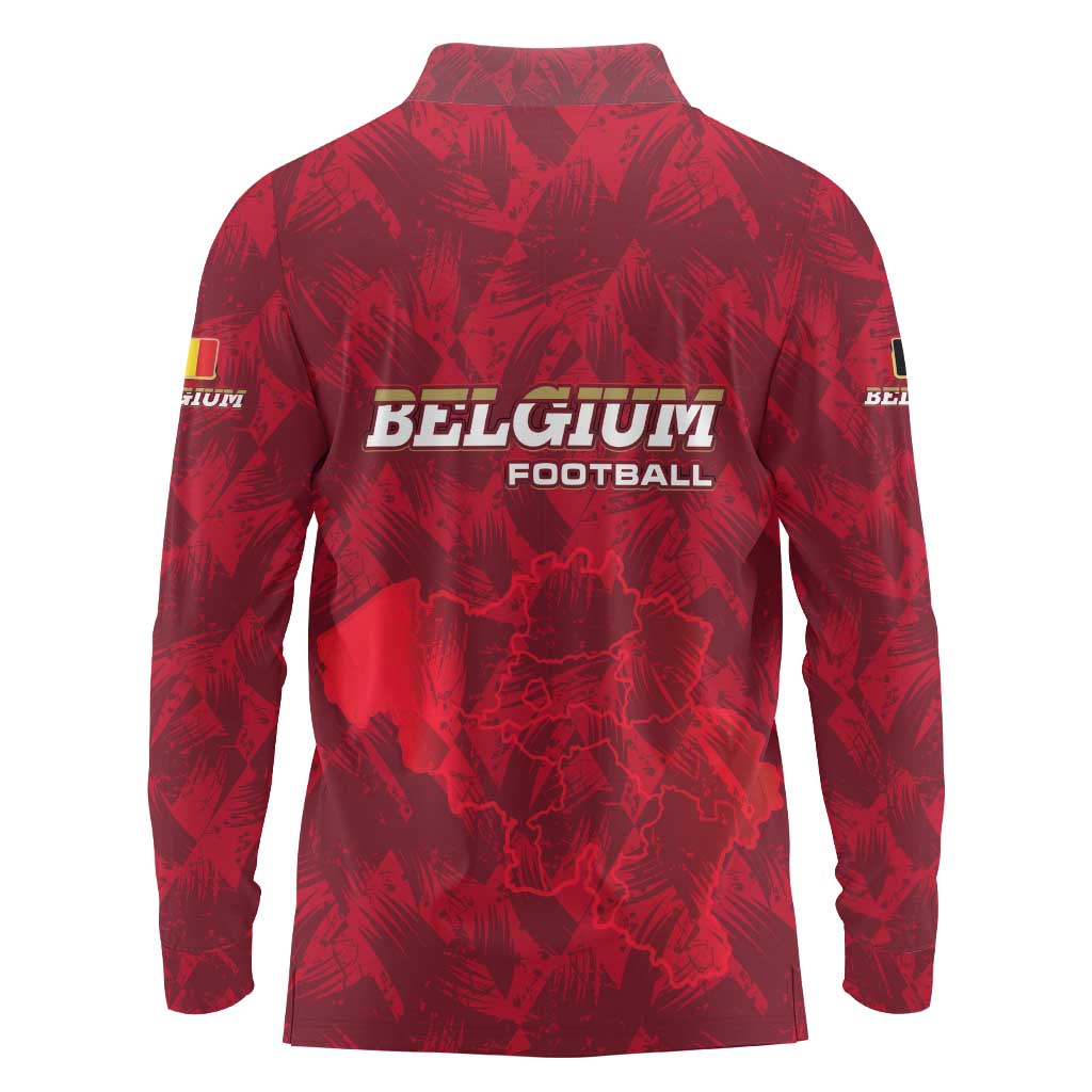 Belgium Long Sleeve Polo Shirt with Football Red Map Crest Rose Spirit