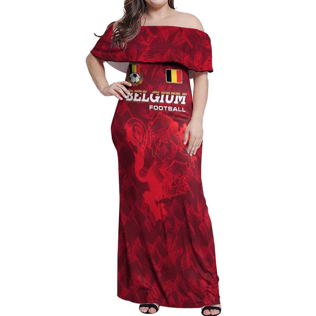 Belgium Off Shoulder Maxi Dress with Football Red Map Crest Rose Spirit