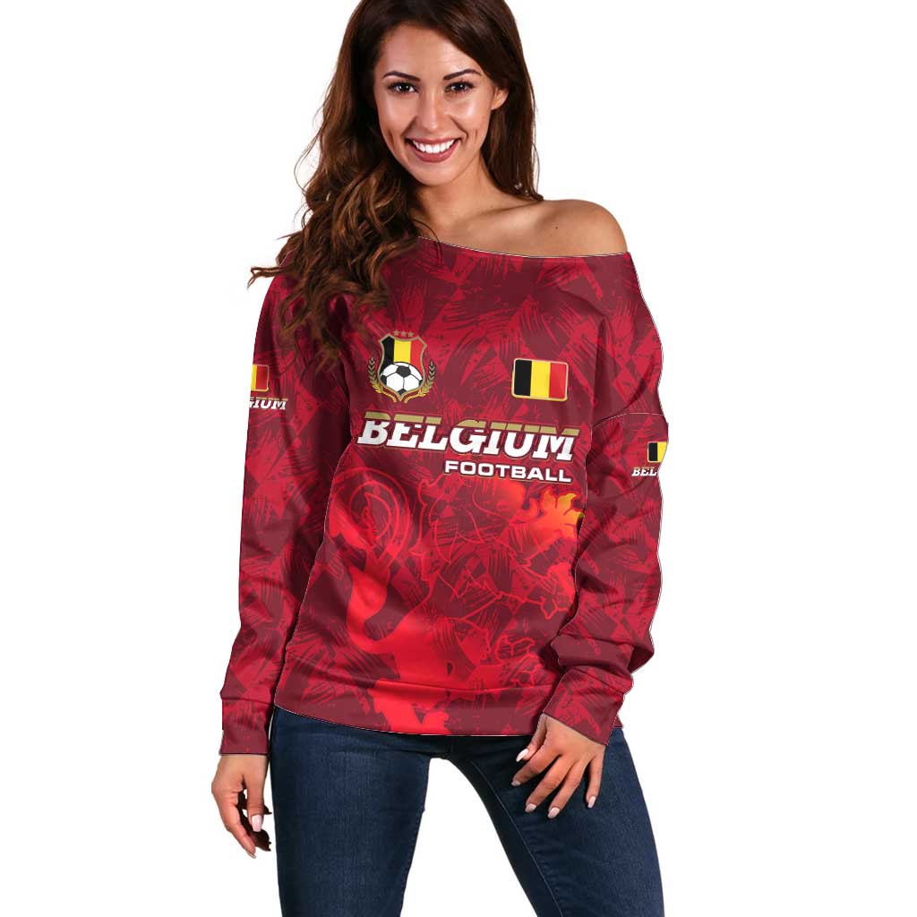 Belgium Off Shoulder Sweater with Football Red Map Crest Rose Spirit