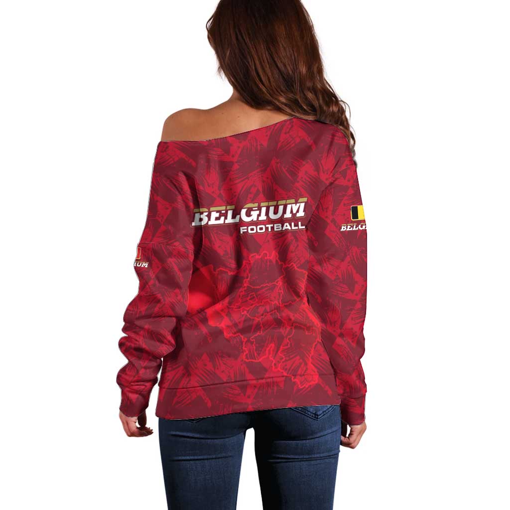 Belgium Off Shoulder Sweater with Football Red Map Crest Rose Spirit