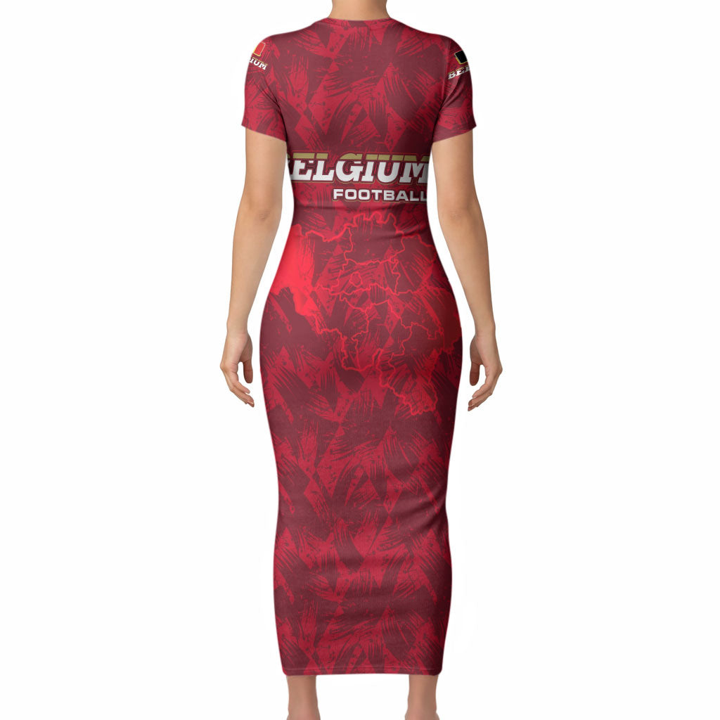 Belgium Short Sleeve Bodycon Dress with Football Red Map Crest Rose Spirit TS04
