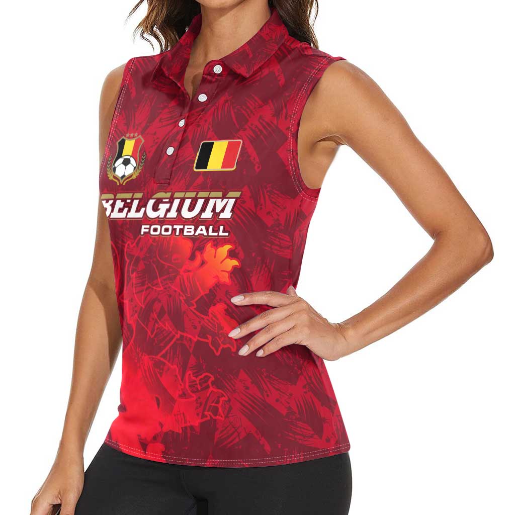 Belgium Women Sleeveless Polo Shirt with Football Red Map Crest Rose Spirit