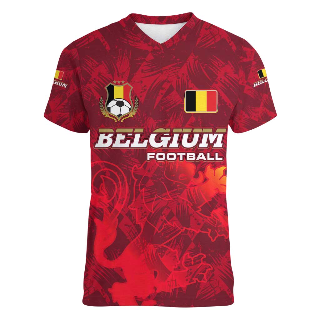 Belgium Women V-Neck T-Shirt with Football Red Map Crest Rose Spirit