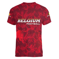 Belgium Women V-Neck T-Shirt with Football Red Map Crest Rose Spirit