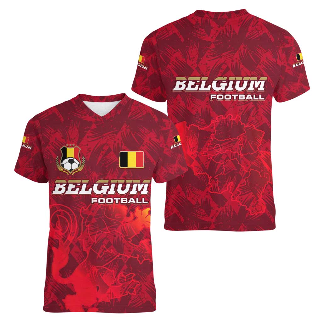 Belgium Women V-Neck T-Shirt with Football Red Map Crest Rose Spirit