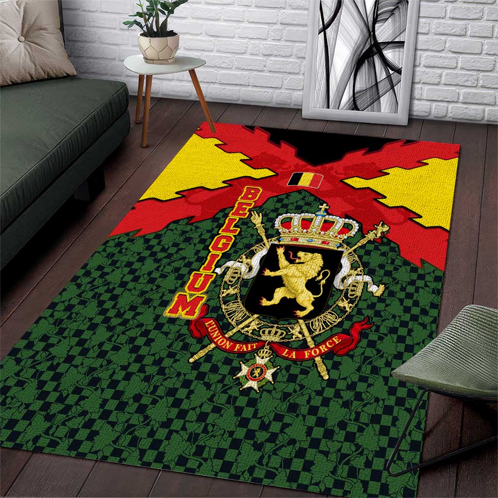 Belgium Area Rug with Royal Coat of Arms Crown Lion Red Green Checker Spirit