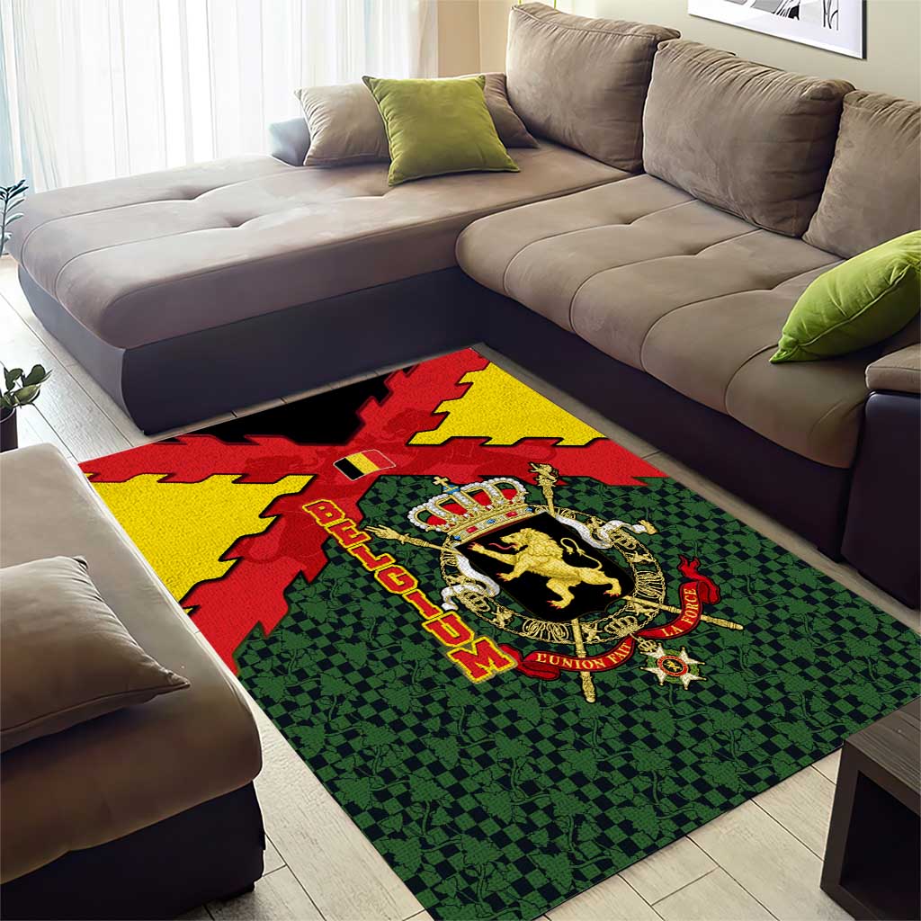 Belgium Area Rug with Royal Coat of Arms Crown Lion Red Green Checker Spirit