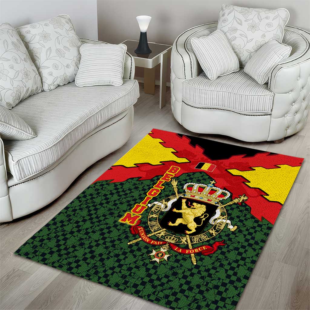 Belgium Area Rug with Royal Coat of Arms Crown Lion Red Green Checker Spirit