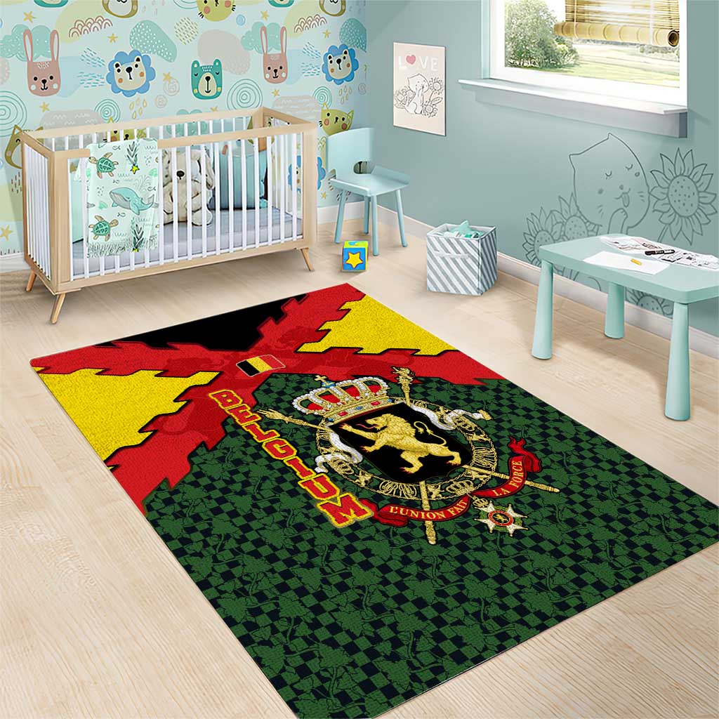 Belgium Area Rug with Royal Coat of Arms Crown Lion Red Green Checker Spirit