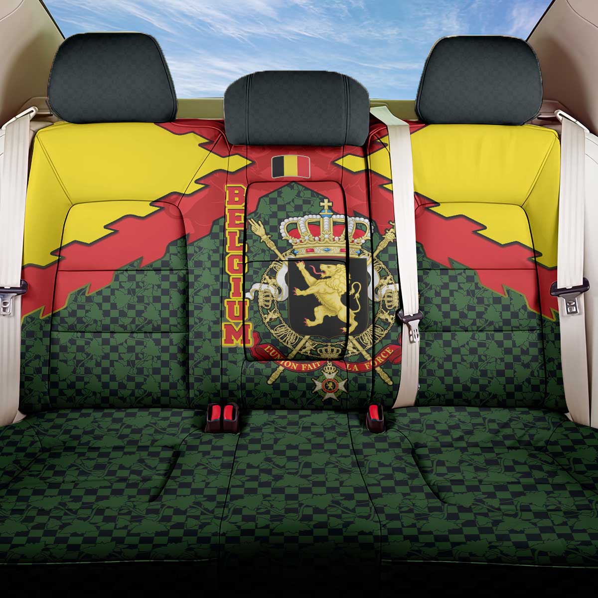 Belgium Back Car Seat Cover with Royal Coat of Arms Crown Lion Red Green Checker Spirit