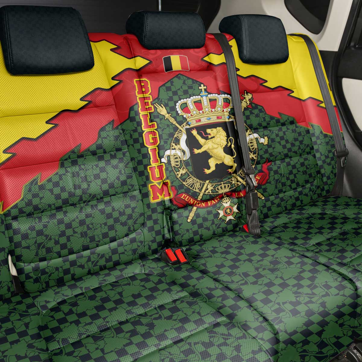 Belgium Back Car Seat Cover with Royal Coat of Arms Crown Lion Red Green Checker Spirit