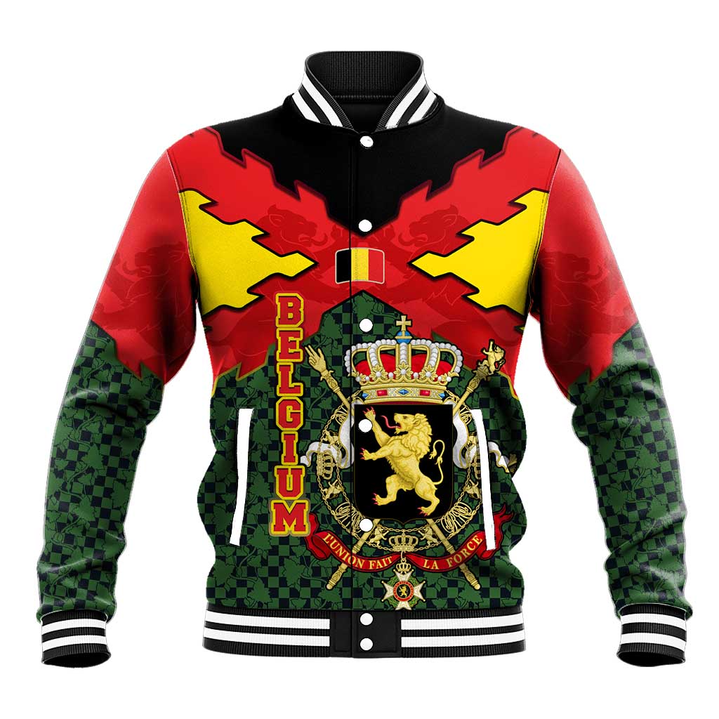 Belgium Baseball Jacket with Royal Coat of Arms Crown Lion Red Green Checker Spirit