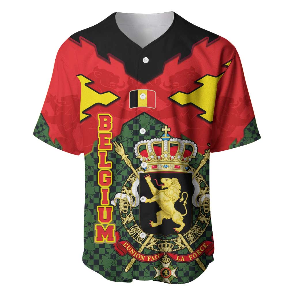 Belgium Baseball Jersey with Royal Coat of Arms Crown Lion Red Green Checker Spirit