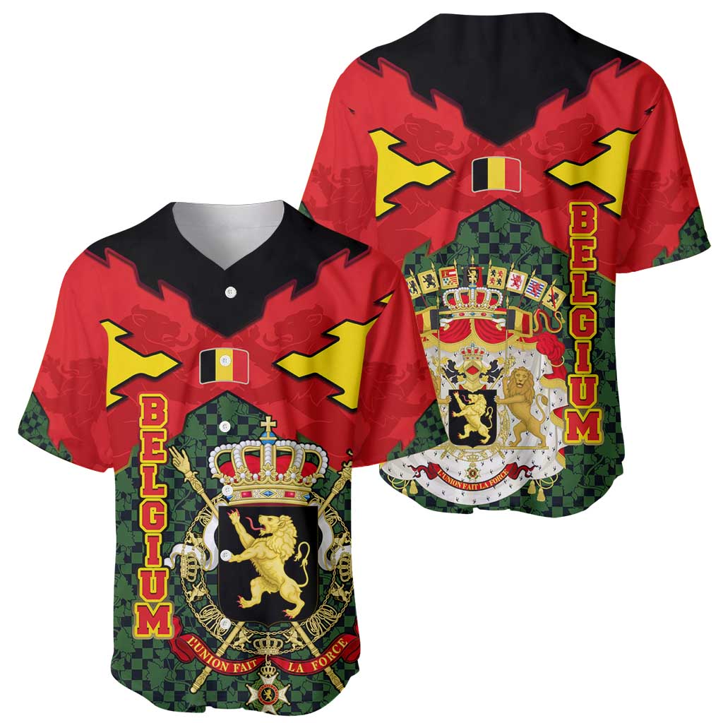 Belgium Baseball Jersey with Royal Coat of Arms Crown Lion Red Green Checker Spirit
