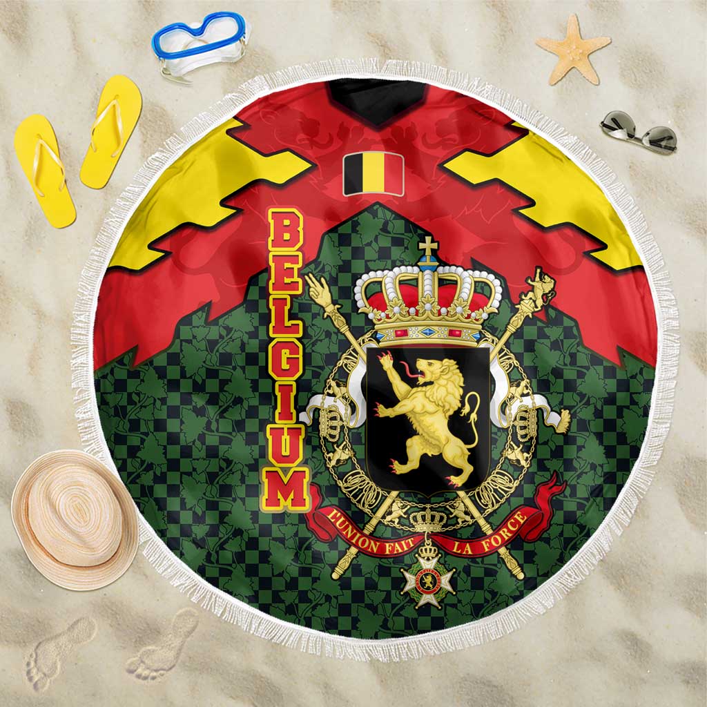 Belgium Beach Blanket with Royal Coat of Arms Crown Lion Red Green Checker Spirit