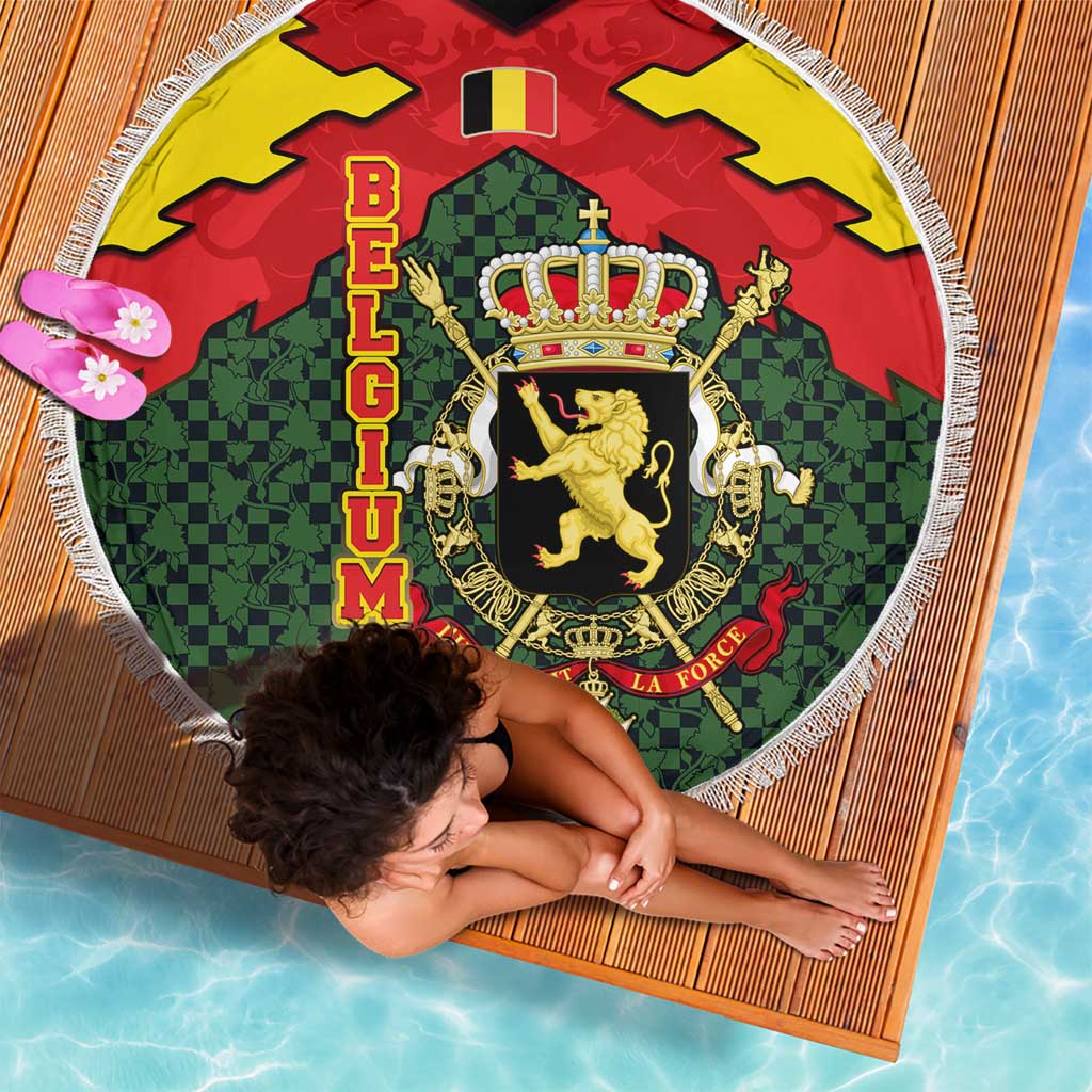 Belgium Beach Blanket with Royal Coat of Arms Crown Lion Red Green Checker Spirit