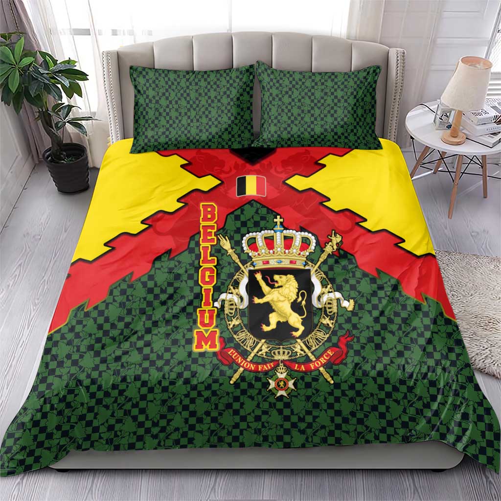 Belgium Bedding Set with Royal Coat of Arms Crown Lion Red Green Checker Spirit