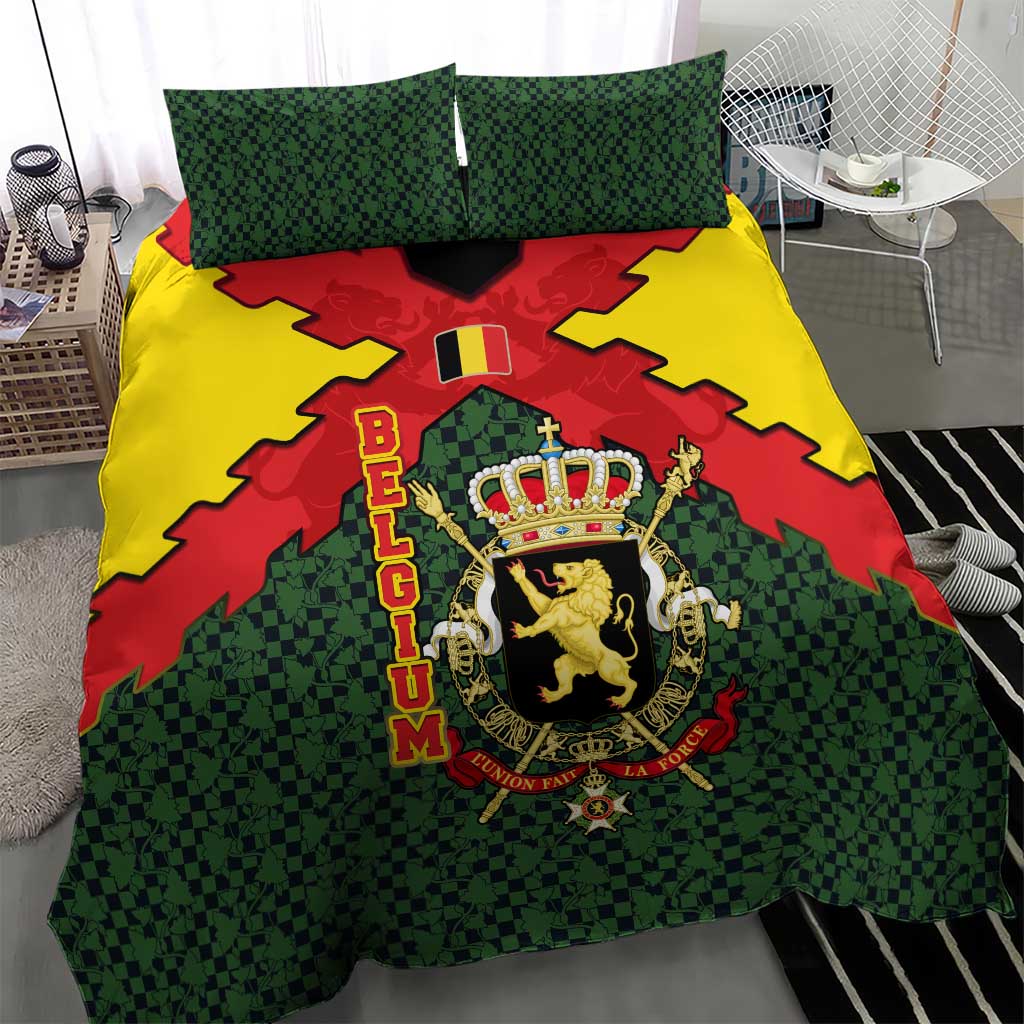 Belgium Bedding Set with Royal Coat of Arms Crown Lion Red Green Checker Spirit