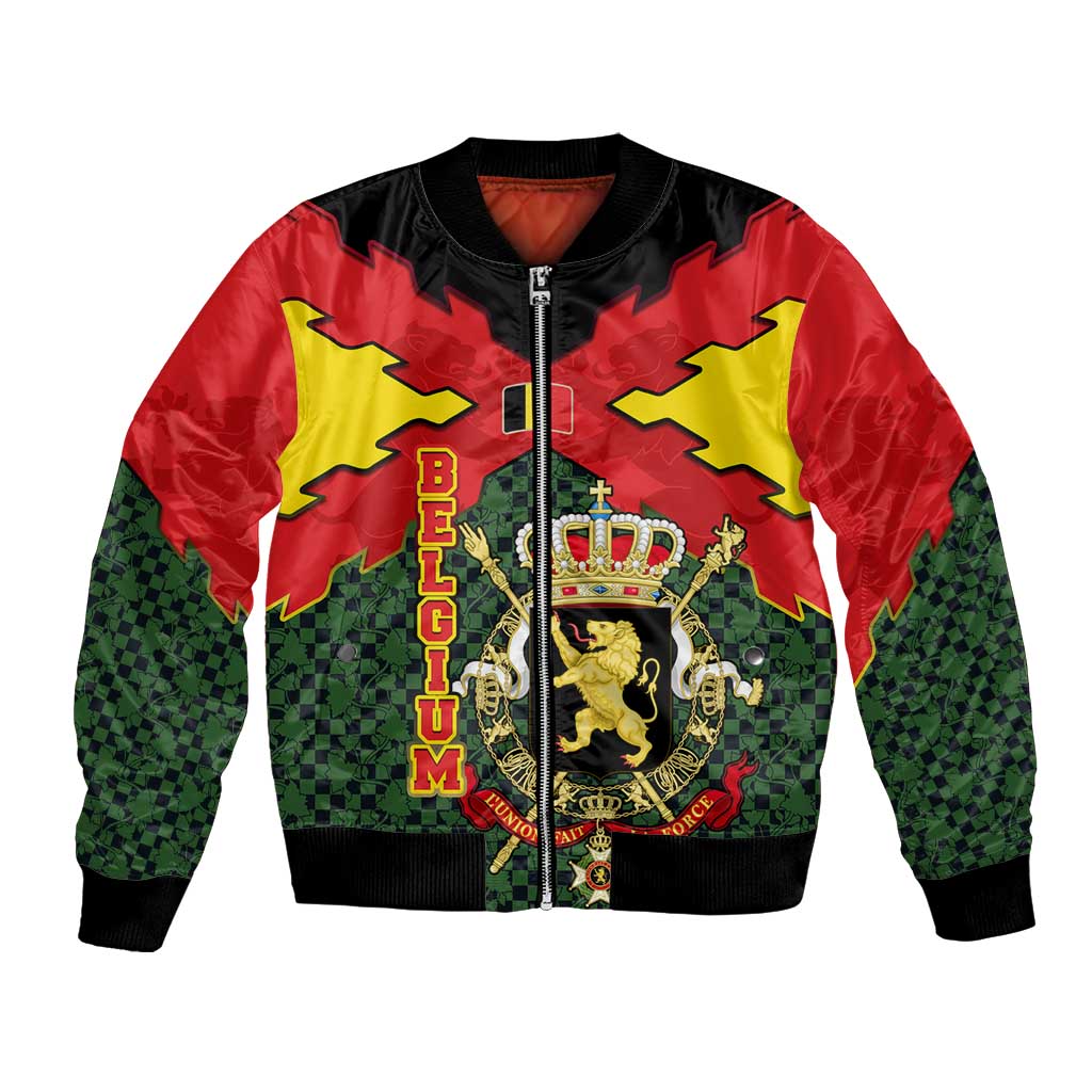 Belgium Bomber Jacket with Royal Coat of Arms Crown Lion Red Green Checker Spirit