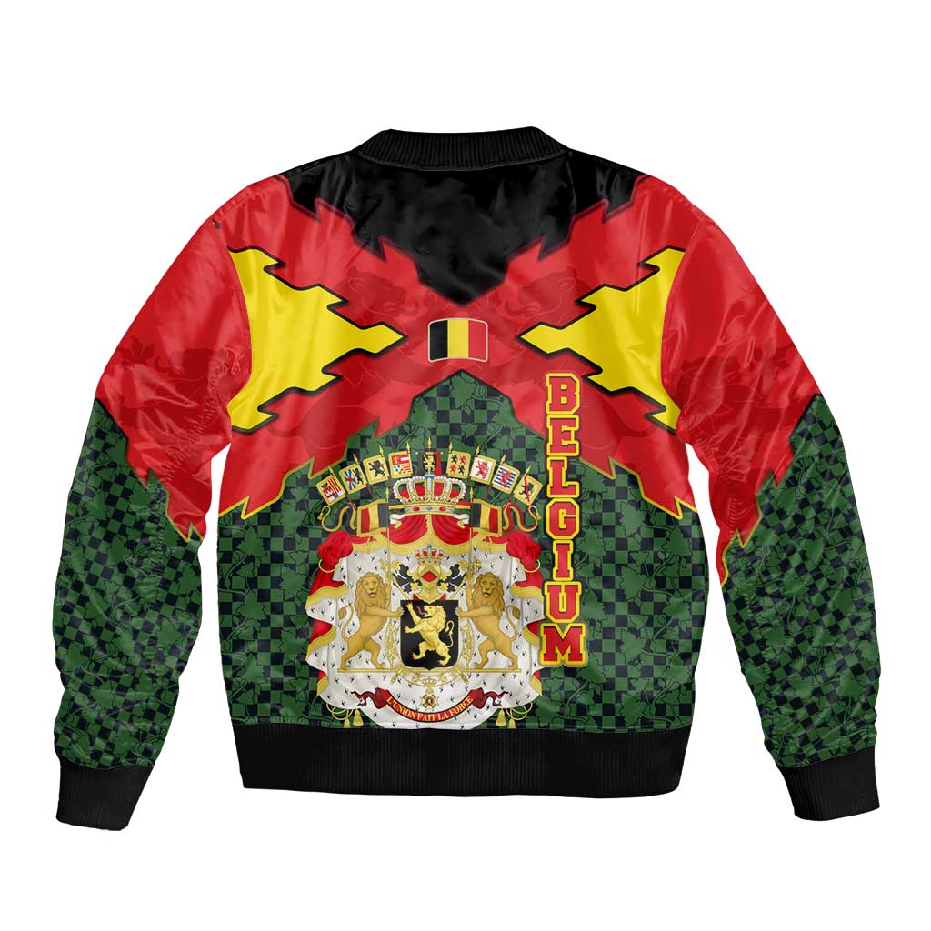 Belgium Bomber Jacket with Royal Coat of Arms Crown Lion Red Green Checker Spirit