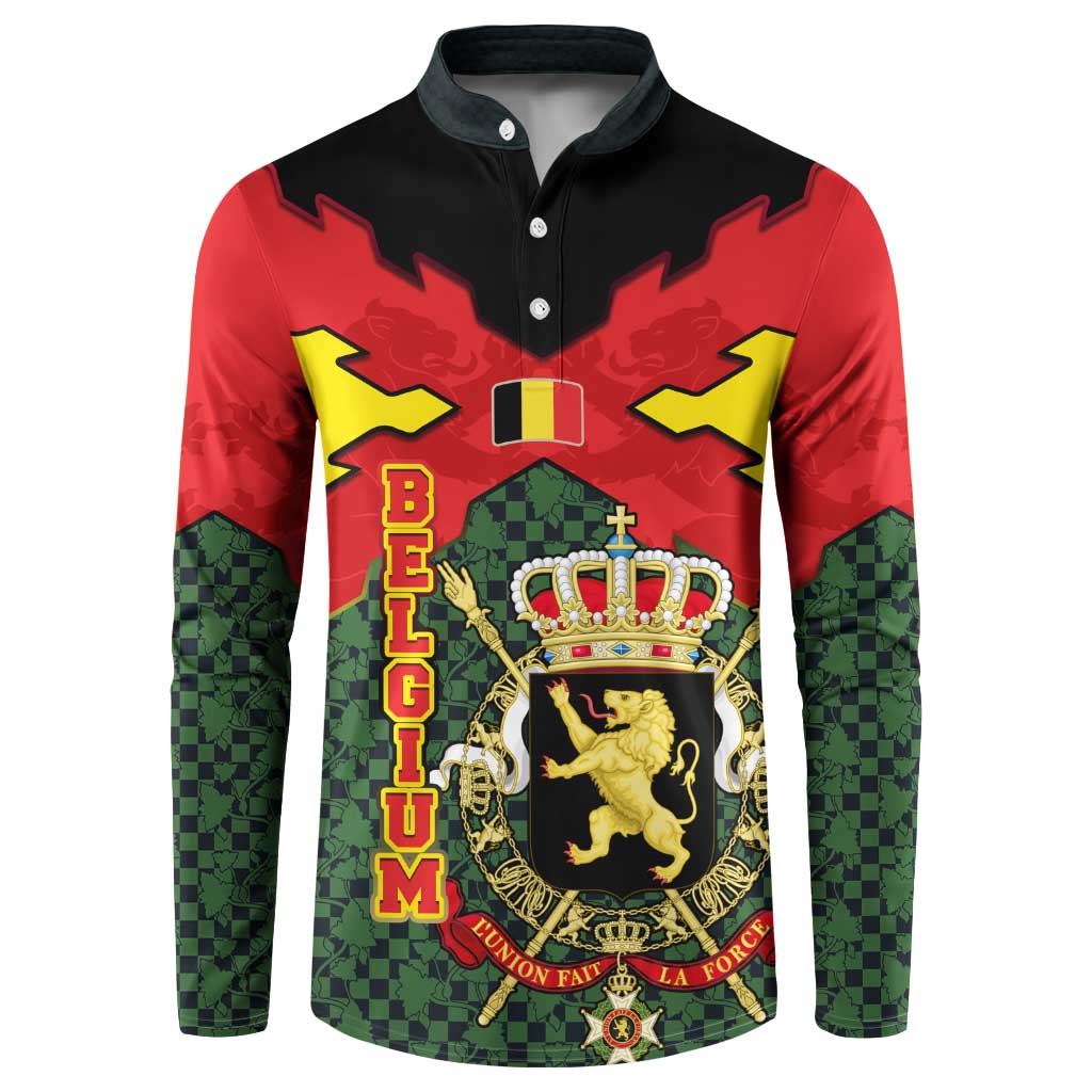 Belgium Button Sweatshirt with Royal Coat of Arms Crown Lion Red Green Checker Spirit