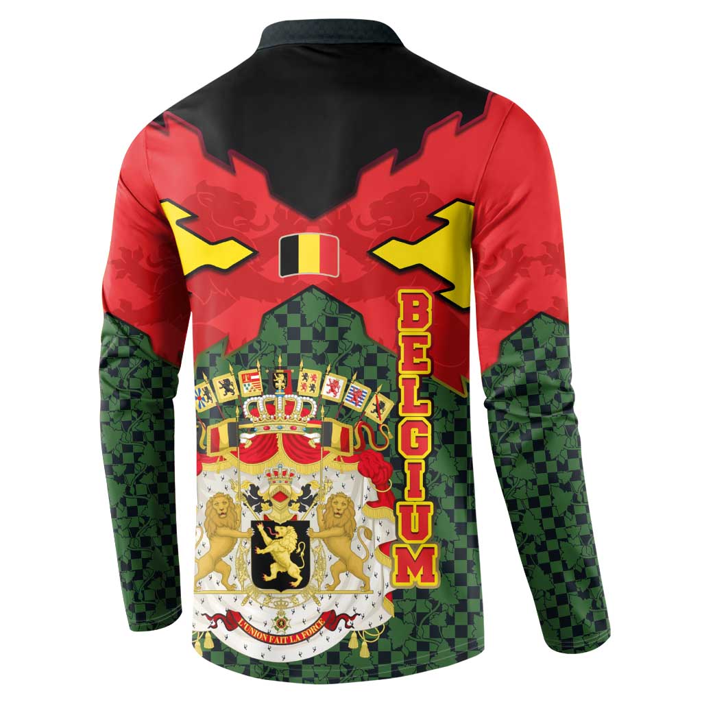 Belgium Button Sweatshirt with Royal Coat of Arms Crown Lion Red Green Checker Spirit