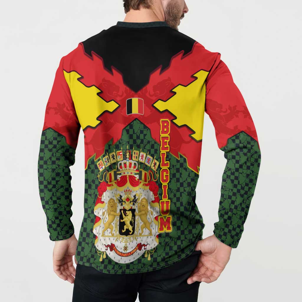 Belgium Button Sweatshirt with Royal Coat of Arms Crown Lion Red Green Checker Spirit