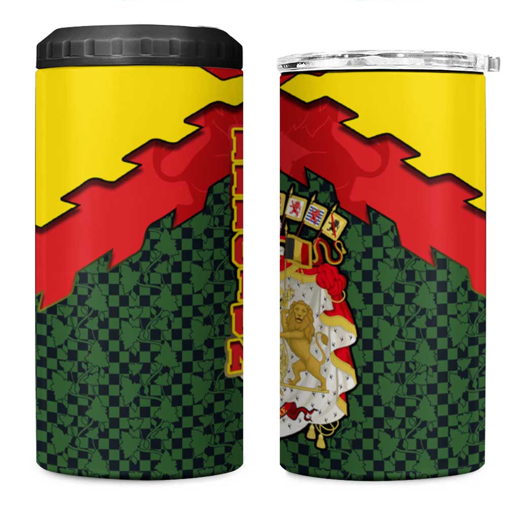 Belgium 4 in 1 Can Cooler Tumbler with Royal Coat of Arms Crown Lion Red Green Checker Spirit