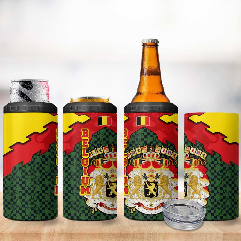 Belgium 4 in 1 Can Cooler Tumbler with Royal Coat of Arms Crown Lion Red Green Checker Spirit
