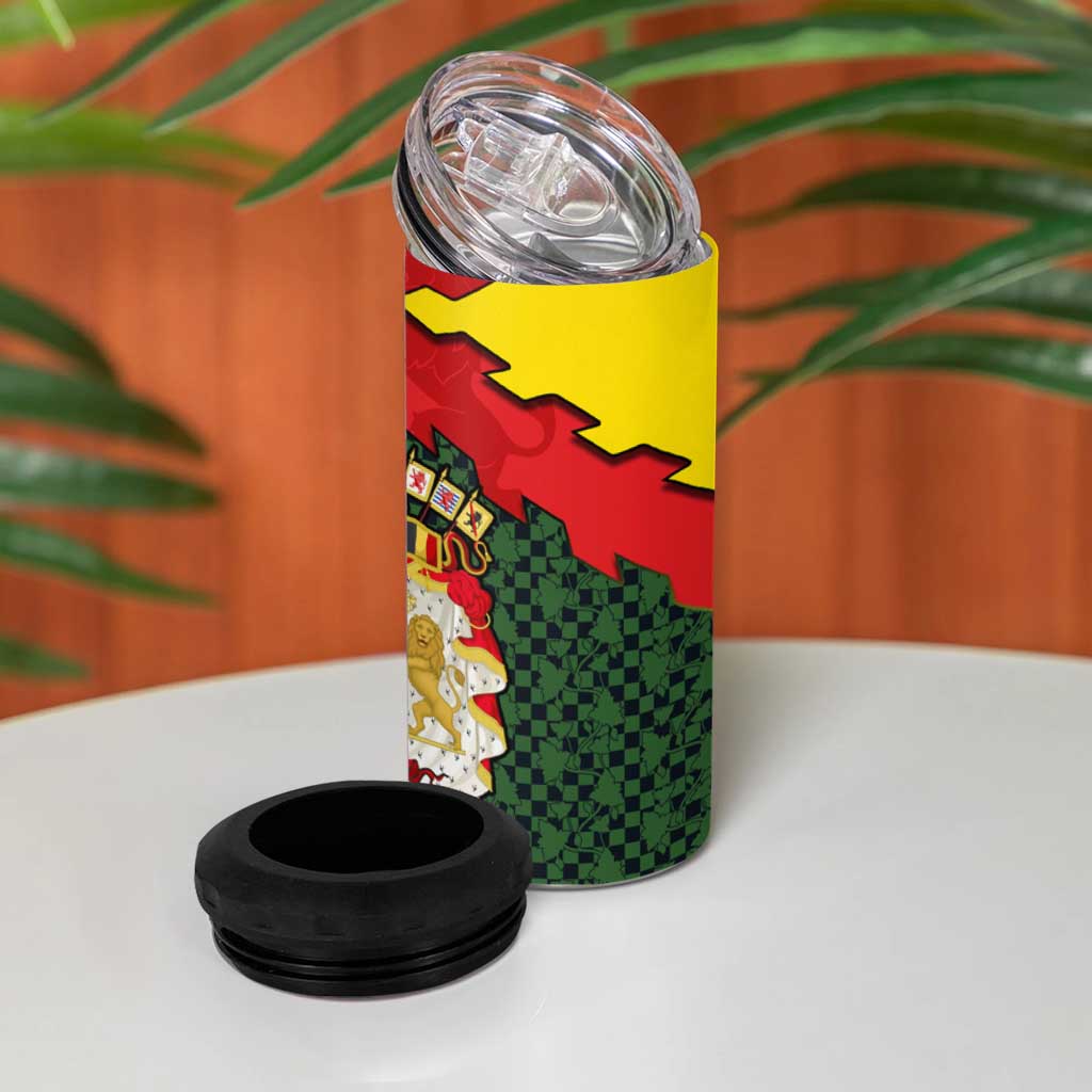 Belgium 4 in 1 Can Cooler Tumbler with Royal Coat of Arms Crown Lion Red Green Checker Spirit