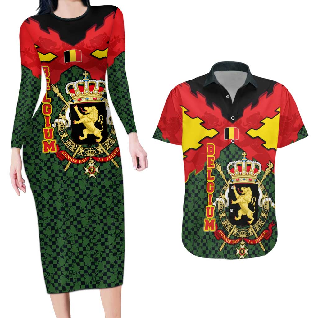 Belgium Couples Matching Long Sleeve Bodycon Dress and Hawaiian Shirt with Royal Coat of Arms Crown Lion Red Green Checker Spirit