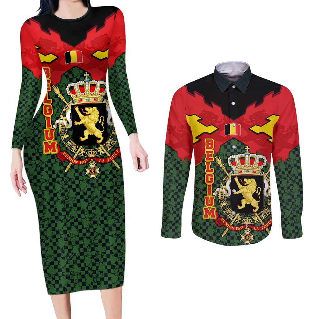 Belgium Couples Matching Long Sleeve Bodycon Dress and Long Sleeve Button Shirt with Royal Coat of Arms Crown Lion Red Green Checker Spirit