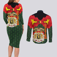 Belgium Couples Matching Long Sleeve Bodycon Dress and Long Sleeve Button Shirt with Royal Coat of Arms Crown Lion Red Green Checker Spirit