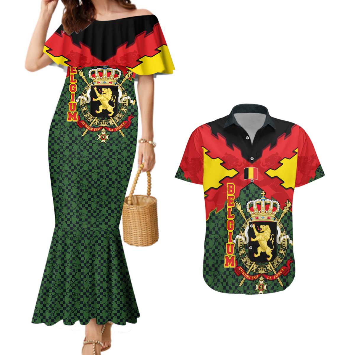 Belgium Couples Matching Mermaid Dress and Hawaiian Shirt with Royal Coat of Arms Crown Lion Red Green Checker Spirit