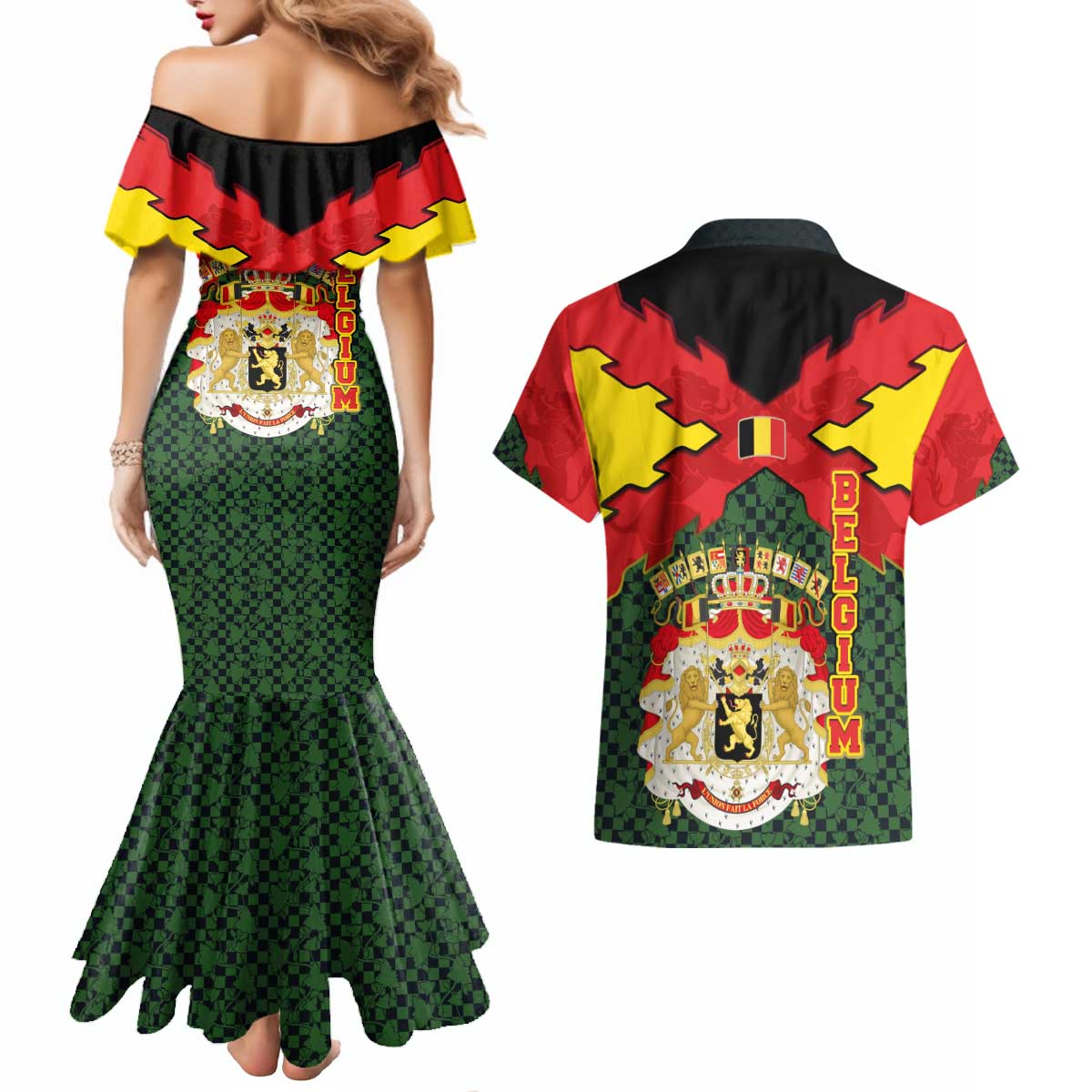 Belgium Couples Matching Mermaid Dress and Hawaiian Shirt with Royal Coat of Arms Crown Lion Red Green Checker Spirit