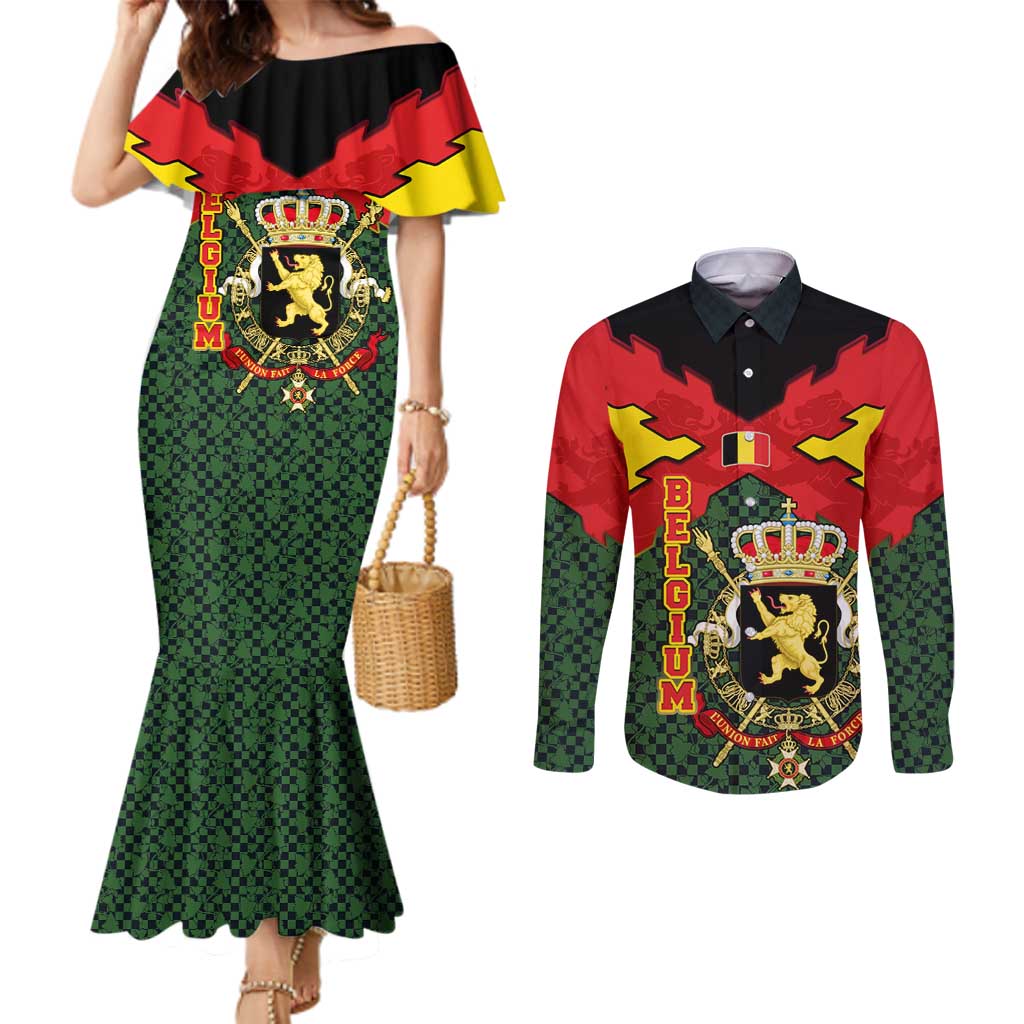 Belgium Couples Matching Mermaid Dress and Long Sleeve Button Shirt with Royal Coat of Arms Crown Lion Red Green Checker Spirit