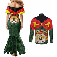 Belgium Couples Matching Mermaid Dress and Long Sleeve Button Shirt with Royal Coat of Arms Crown Lion Red Green Checker Spirit