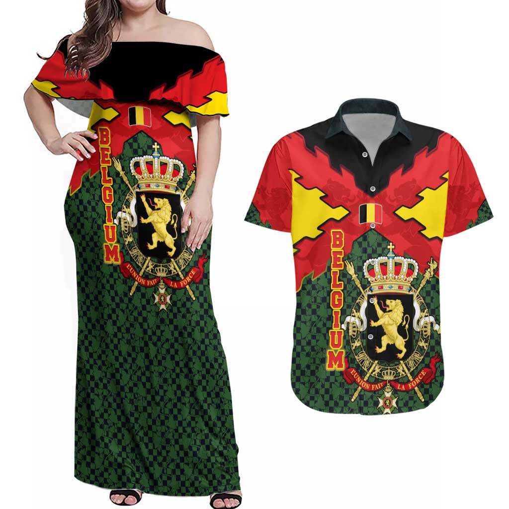 Belgium Couples Matching Off Shoulder Maxi Dress and Hawaiian Shirt with Royal Coat of Arms Crown Lion Red Green Checker Spirit