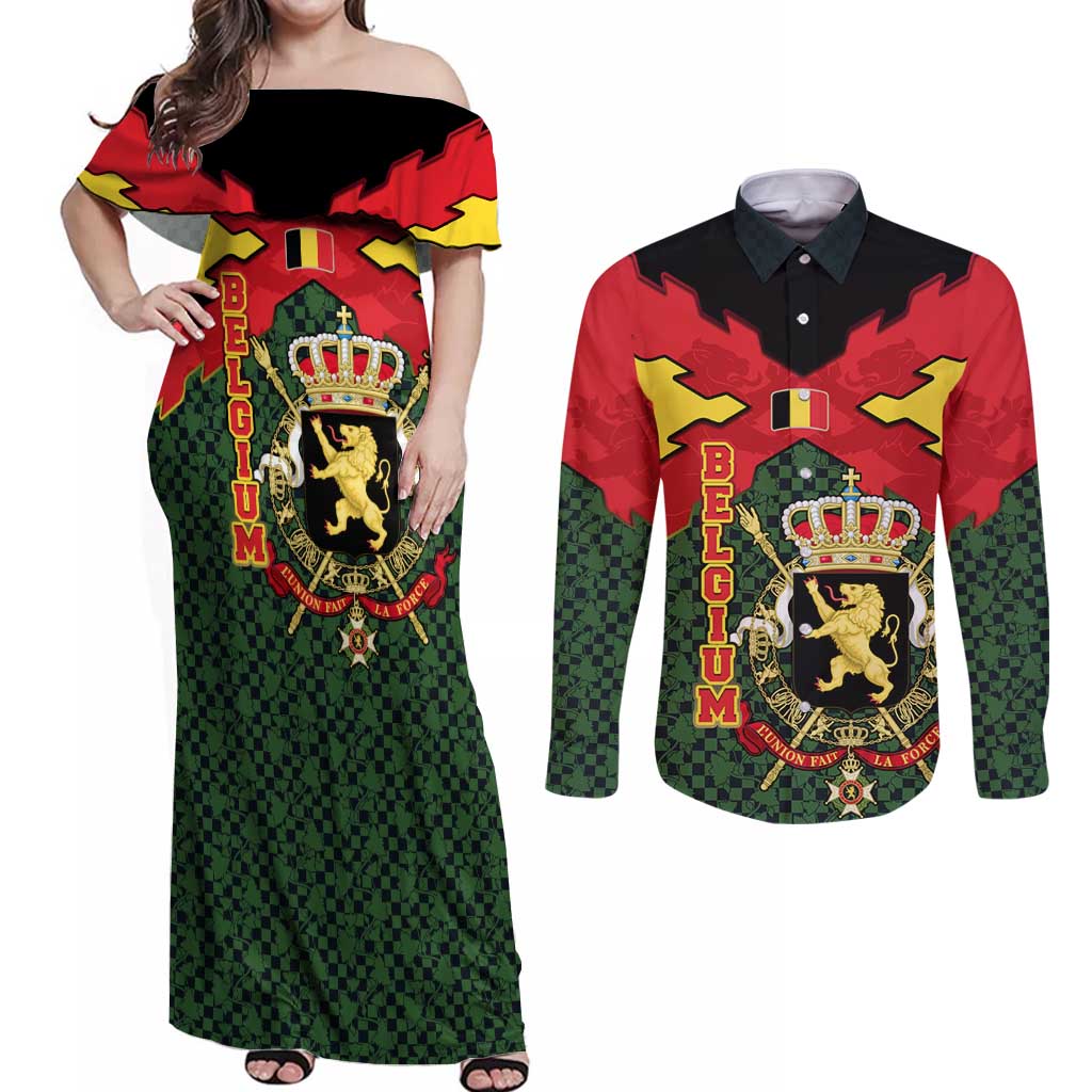 Belgium Couples Matching Off Shoulder Maxi Dress and Long Sleeve Button Shirt with Royal Coat of Arms Crown Lion Red Green Checker Spirit